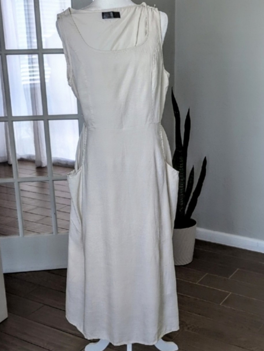 Seta T Sleeveless Cream Midi Summer Dress with Side Pockets Size Large - Picture 1 of 6